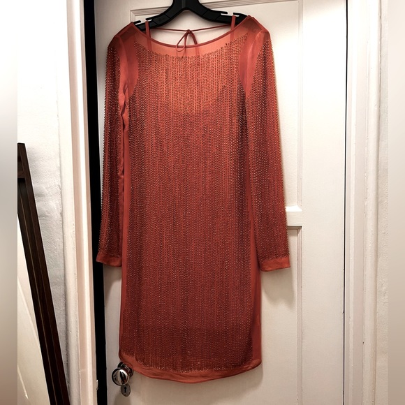 Needle and Thread. Gold beaded, coral glint dress. Long sleeved. - Picture 1 of 3